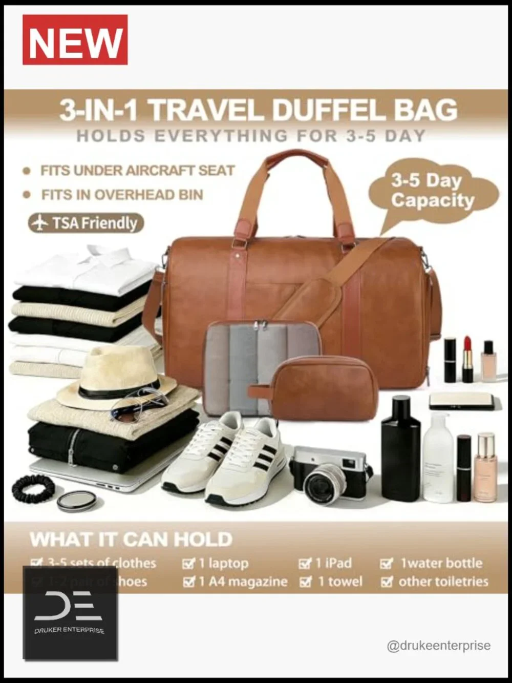 3-in-1 Leather Duffle Bag Travel Weekender Carry On with Shoe Compartment